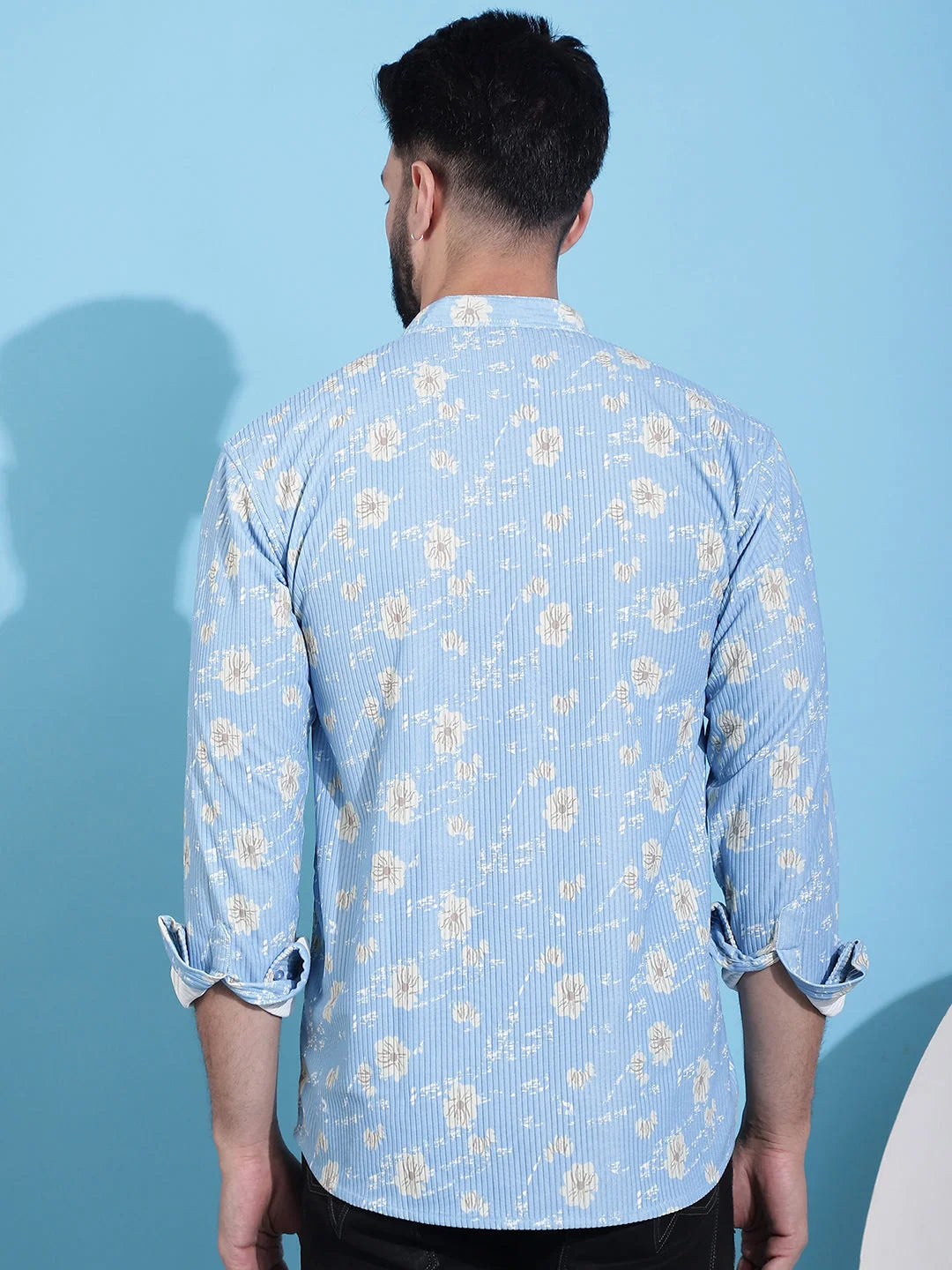 Blue Mens Kurta - Printed Corduroy Short Indian Kurta