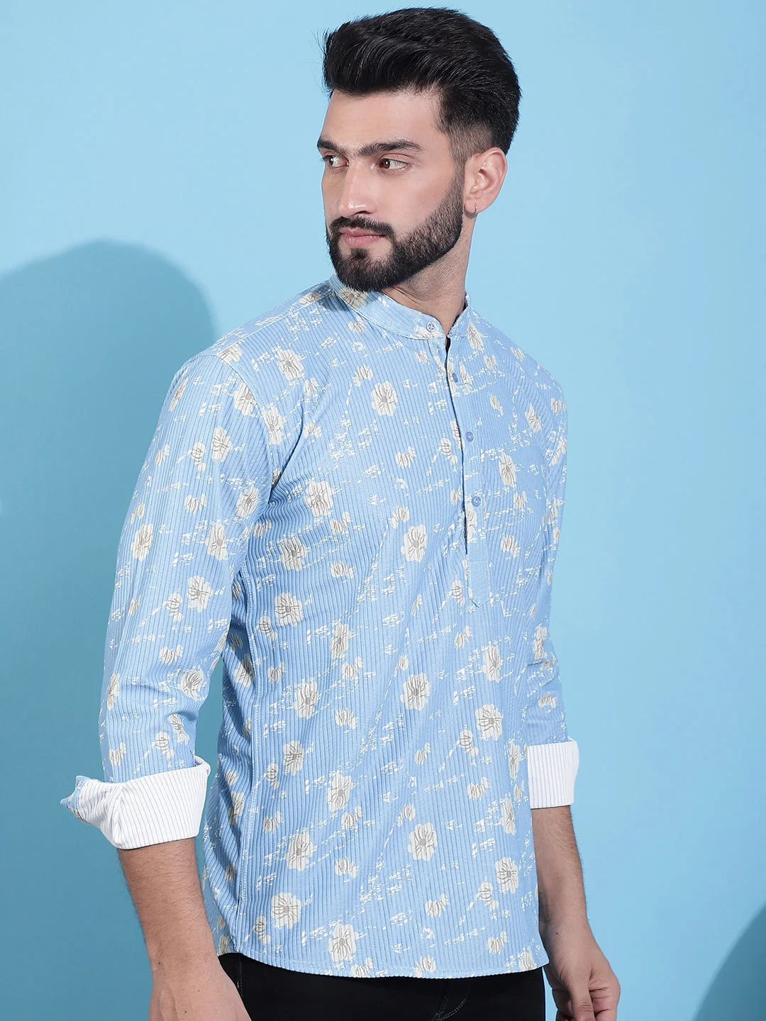 Blue Mens Kurta - Printed Corduroy Short Indian Kurta