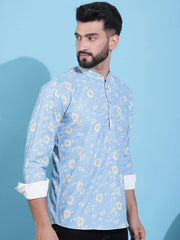 Men Printed Corduroy Short Kurta-KO-5050Blue