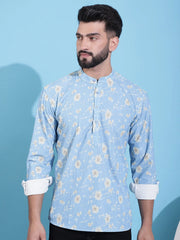 Men Printed Corduroy Short Kurta-KO-5050Blue