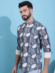 Men Printed Corduroy Short Kurta-KO-5050Grey