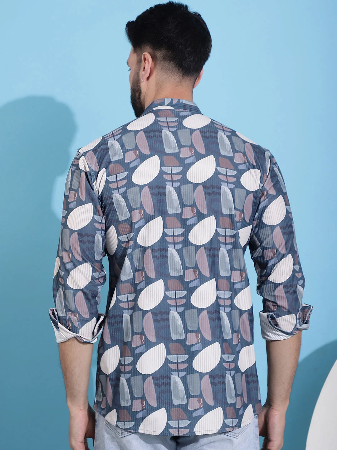 Grey Mens Kurta - Printed Corduroy Indian Kurta for Men