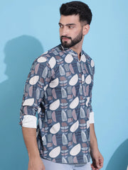 Men Printed Corduroy Short Kurta-KO-5050Grey