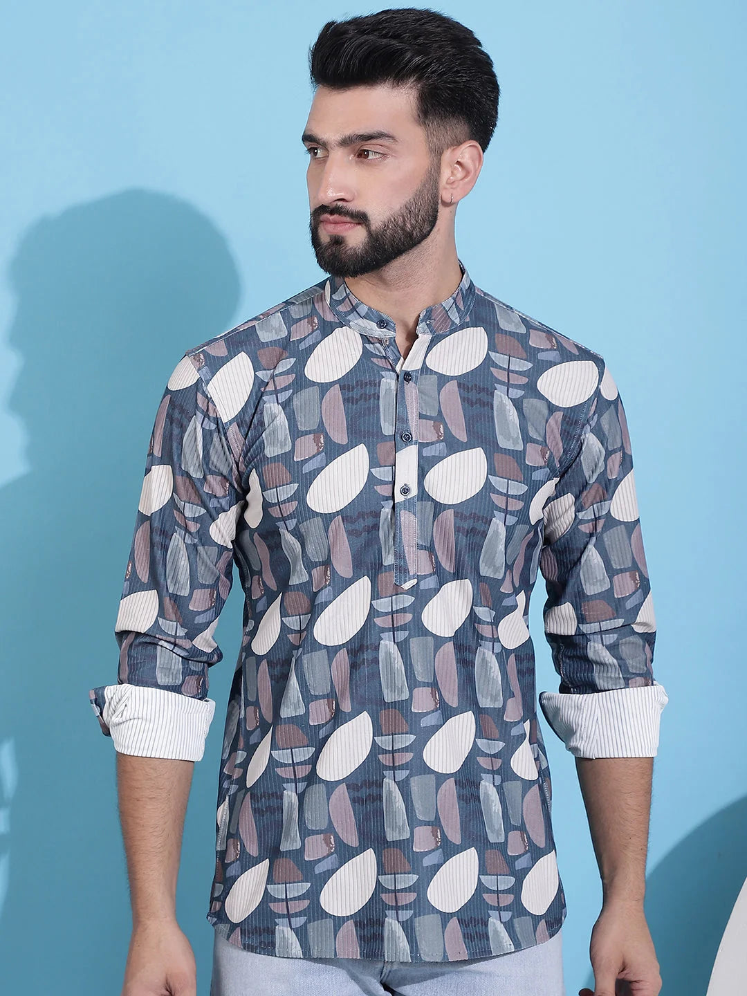 Grey Mens Kurta - Printed Corduroy Indian Kurta for Men