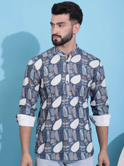 Men Printed Corduroy Short Kurta-KO-5050Grey