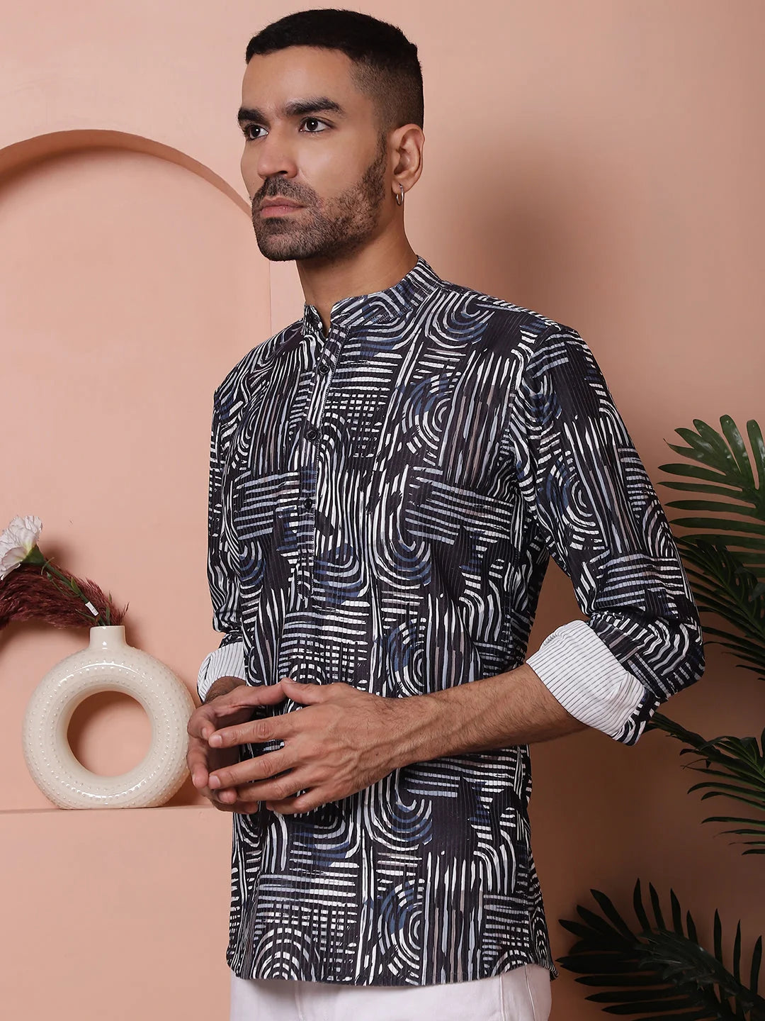 Navy Printed Men's Kurta: Corduroy Short Indian Kurta