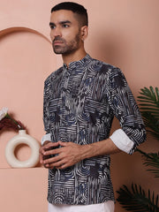 Men Printed Corduroy Short Kurta-KO-5050Navy
