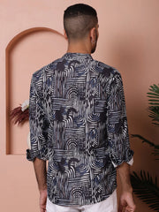 Men Printed Corduroy Short Kurta-KO-5050Navy