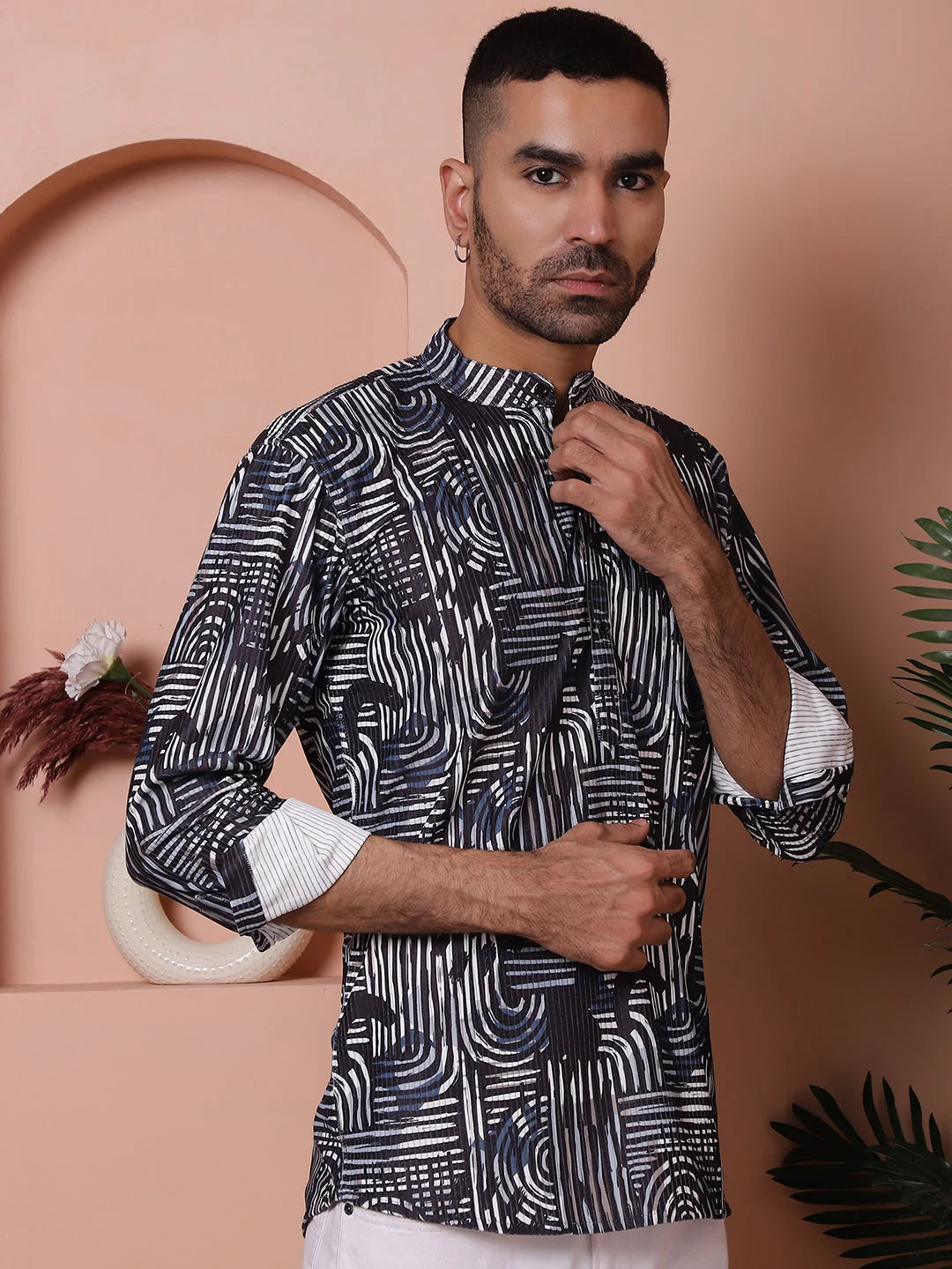 Navy Printed Men's Kurta: Corduroy Short Indian Kurta