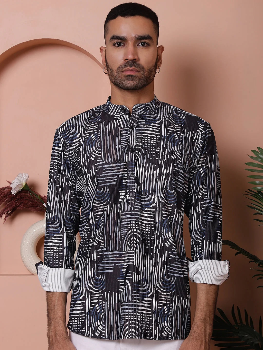 Navy Printed Men's Kurta: Corduroy Short Indian Kurta