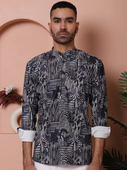 Men Printed Corduroy Short Kurta-KO-5050Navy