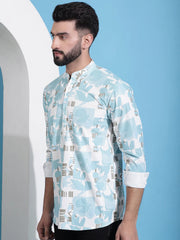 Men Printed Corduroy Short Kurta-KO-5050Sky