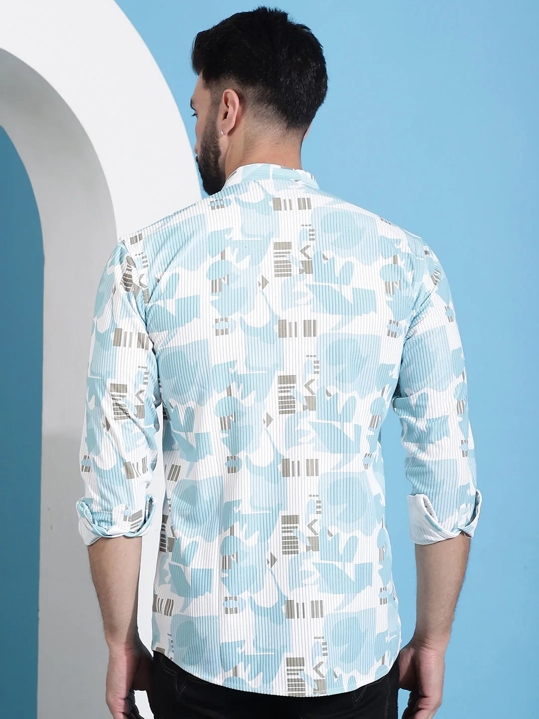 Sky Blue Short Kurta for Men: Printed Corduroy Men's Kurta