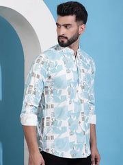 Men Printed Corduroy Short Kurta-KO-5050Sky