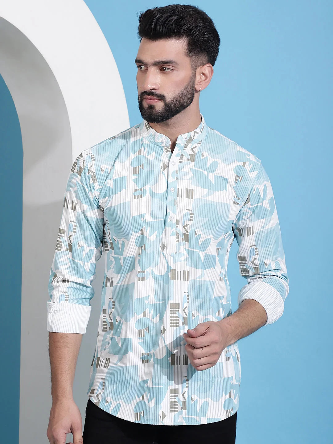 Sky Blue Short Kurta for Men: Printed Corduroy Men's Kurta
