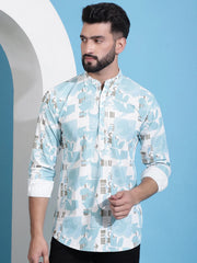 Men Printed Corduroy Short Kurta-KO-5050Sky