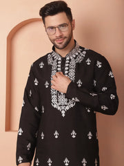 Men's Black Chikankari Embroidered Kurtas-KO-5051Black