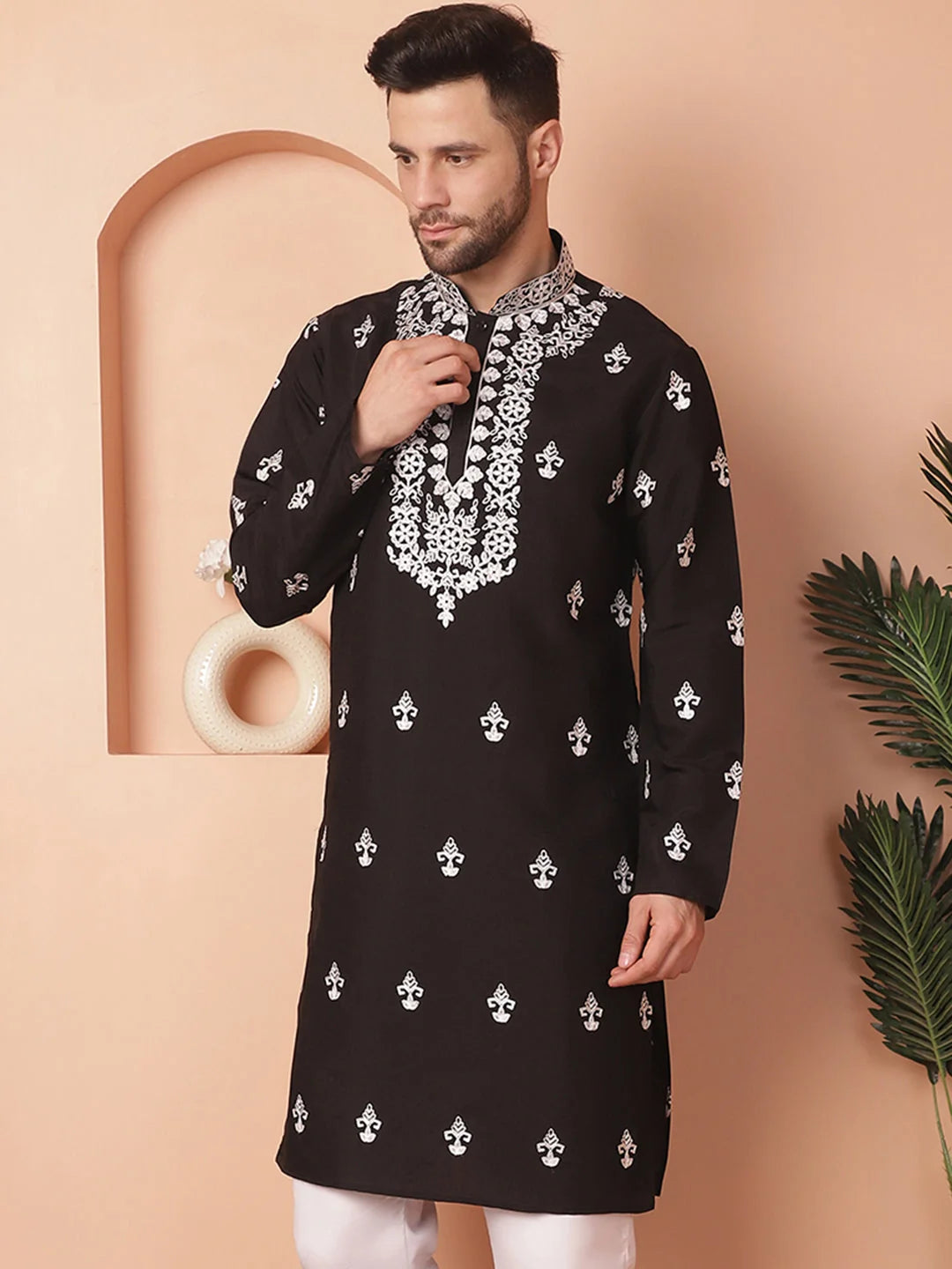 Black Chikankari Mens Kurta - Embroidered Indian Kurta for Men