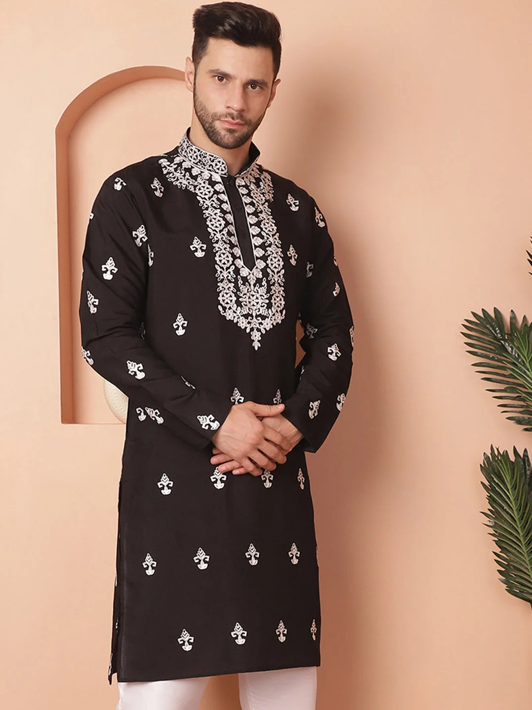 Black Chikankari Mens Kurta - Embroidered Indian Kurta for Men