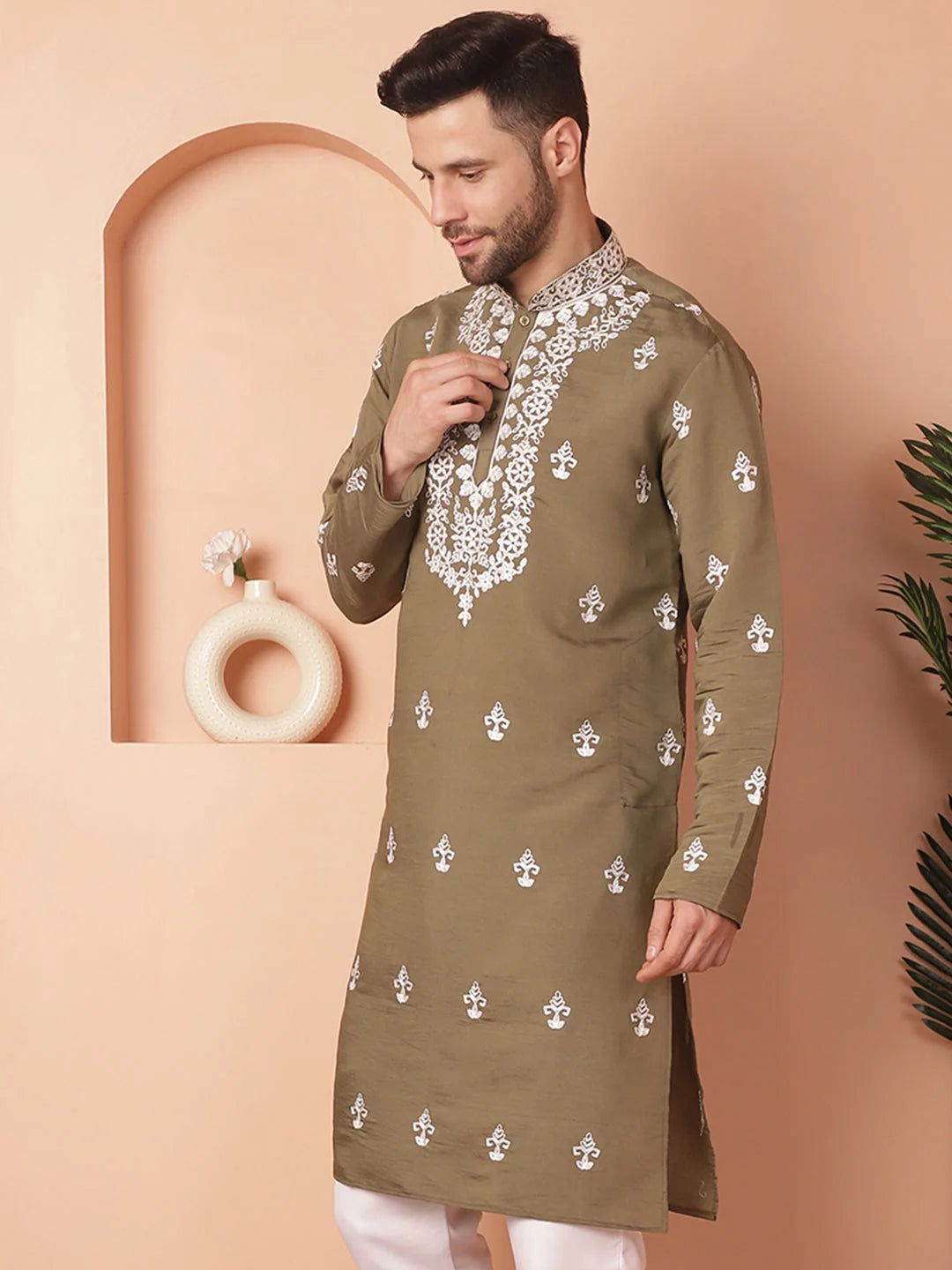 Olive Chikankari Men's Kurta | Cotton Silk Indian Kurta
