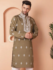 Men's Olive Chikankari Embroidered Kurtas-KO-5051Olive