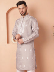 Men's Grey Chikankari Embroidered Kurtas-KO-5051Grey