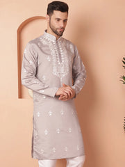 Men's Grey Chikankari Embroidered Kurtas-KO-5051Grey