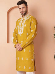 Men's Mustard Chikankari Embroidered Kurtas-KO-5051Mustard