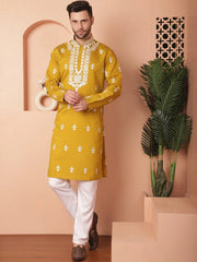 Men's Mustard Chikankari Embroidered Kurtas-KO-5051Mustard