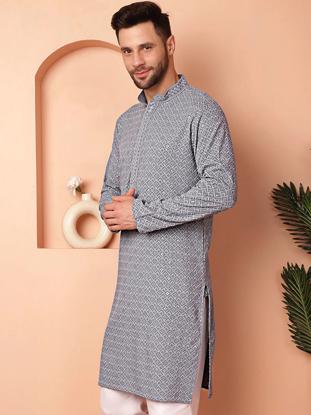 Men's Grey Embroidered Kurta | Indian Kurta for Men