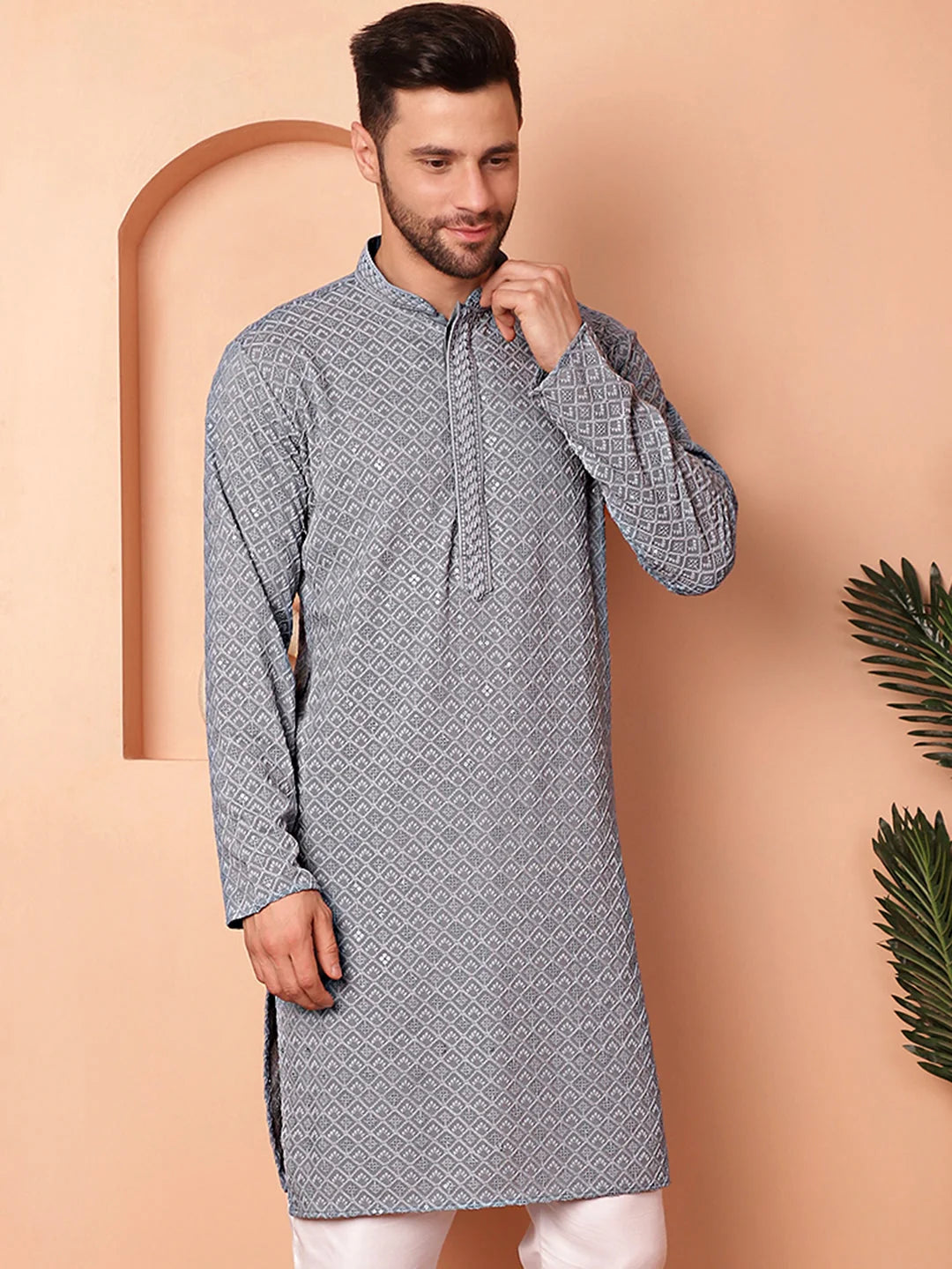 Men's Grey Embroidered Kurta | Indian Kurta for Men