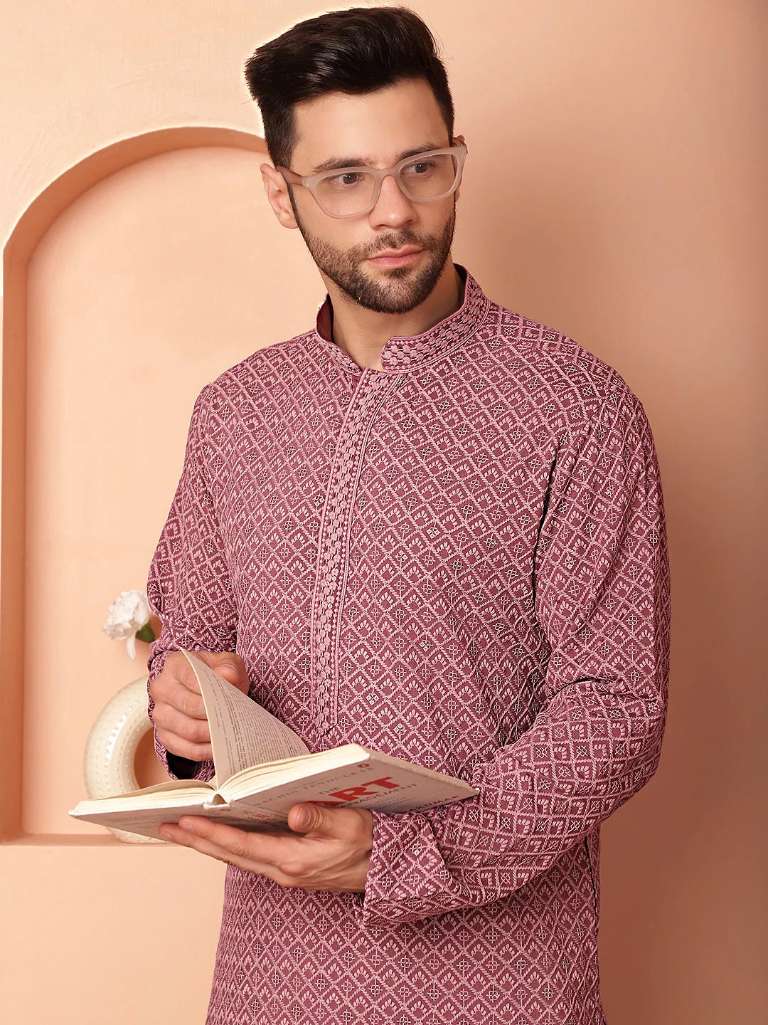 Magenta Embroidered Men's Kurta - Indian Kurta for Men