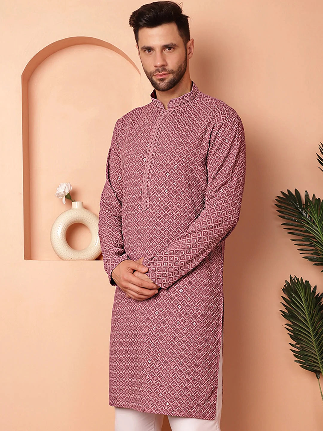 Magenta Embroidered Men's Kurta - Indian Kurta for Men