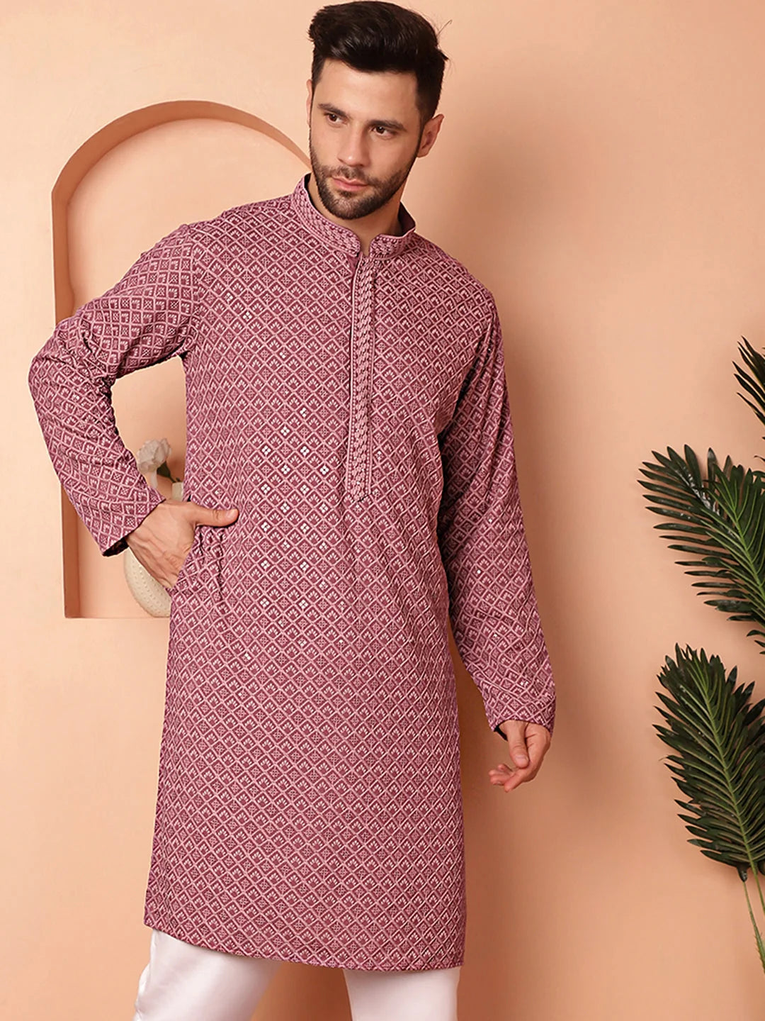 Magenta Embroidered Men's Kurta - Indian Kurta for Men