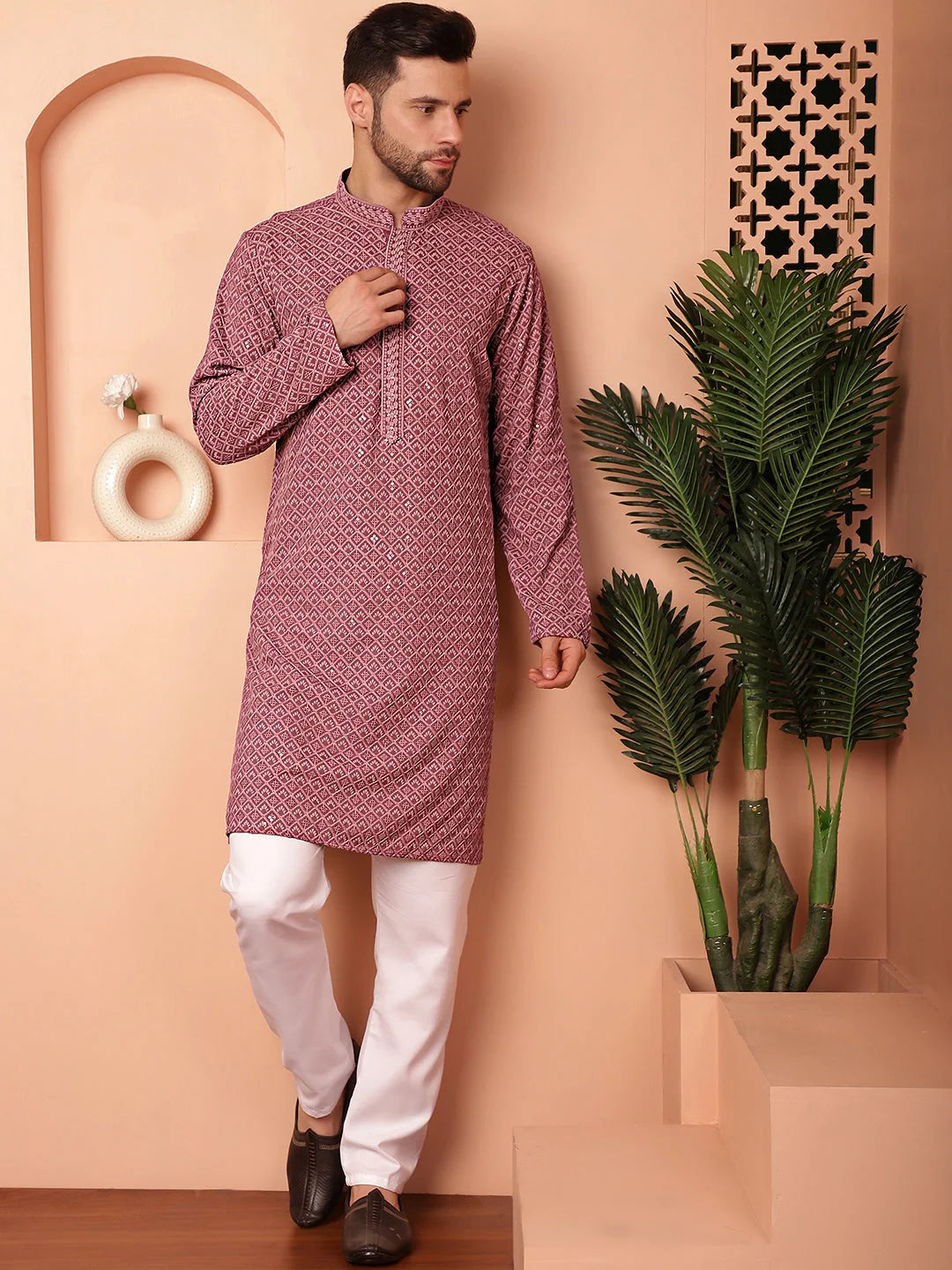 Magenta Embroidered Men's Kurta - Indian Kurta for Men