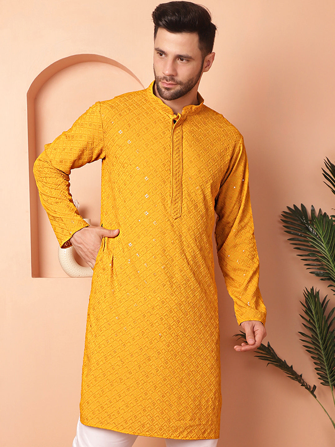 Mustard Embroidered Men's Kurta - Indian Kurta for Men