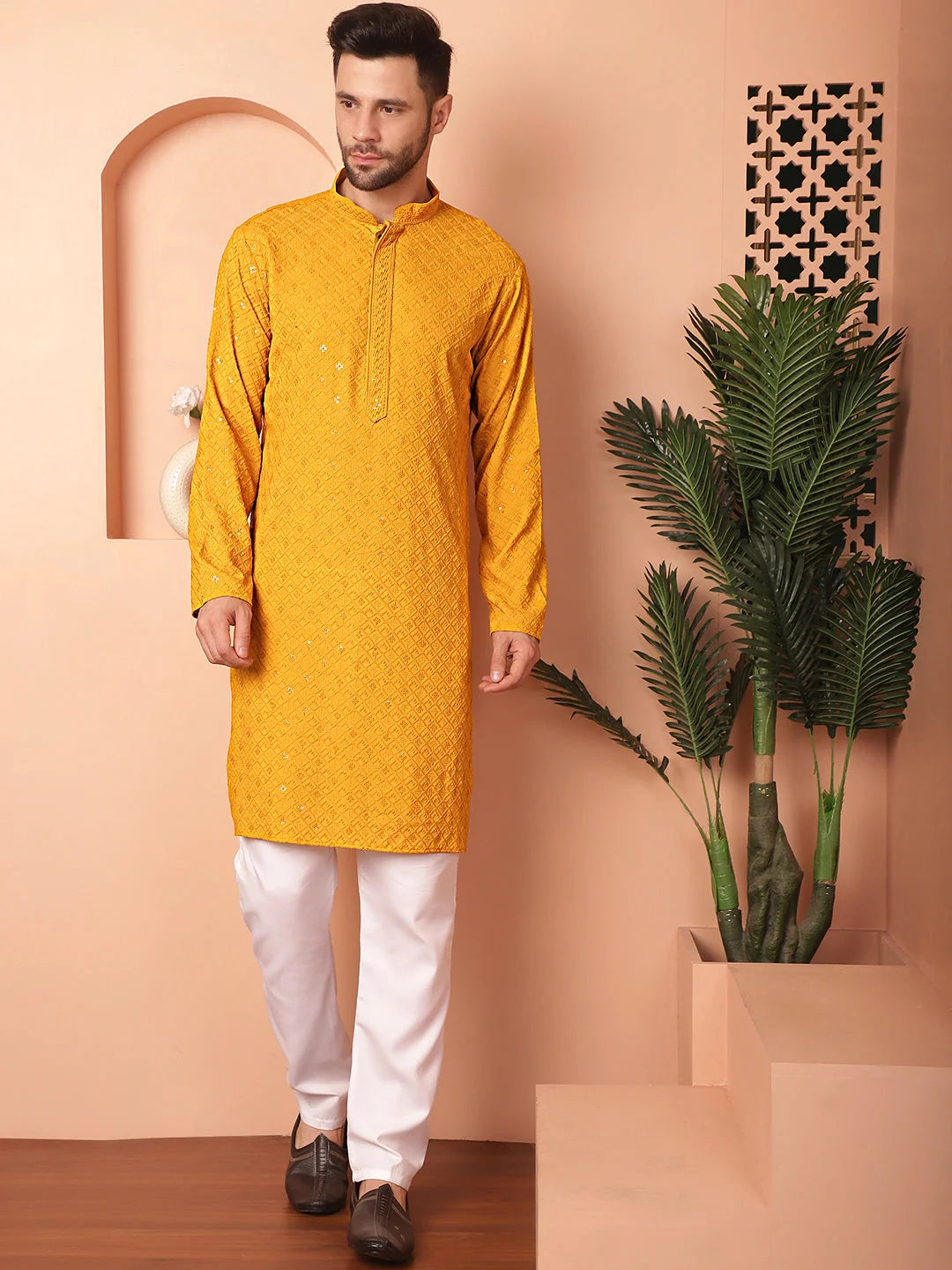 Mustard Embroidered Men's Kurta - Indian Kurta for Men