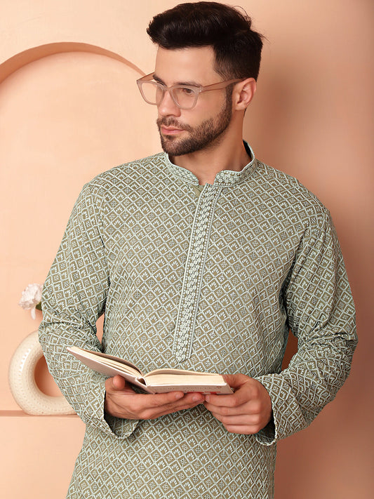 Men's Green Embroidered and Sequence Kurtas-KO-5052Pista 1080