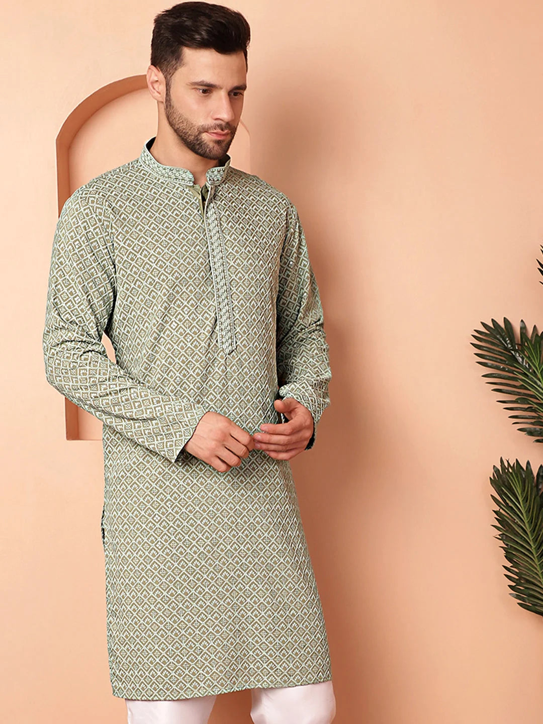 Green Embroidered Men's Kurta - Indian Kurta for Men