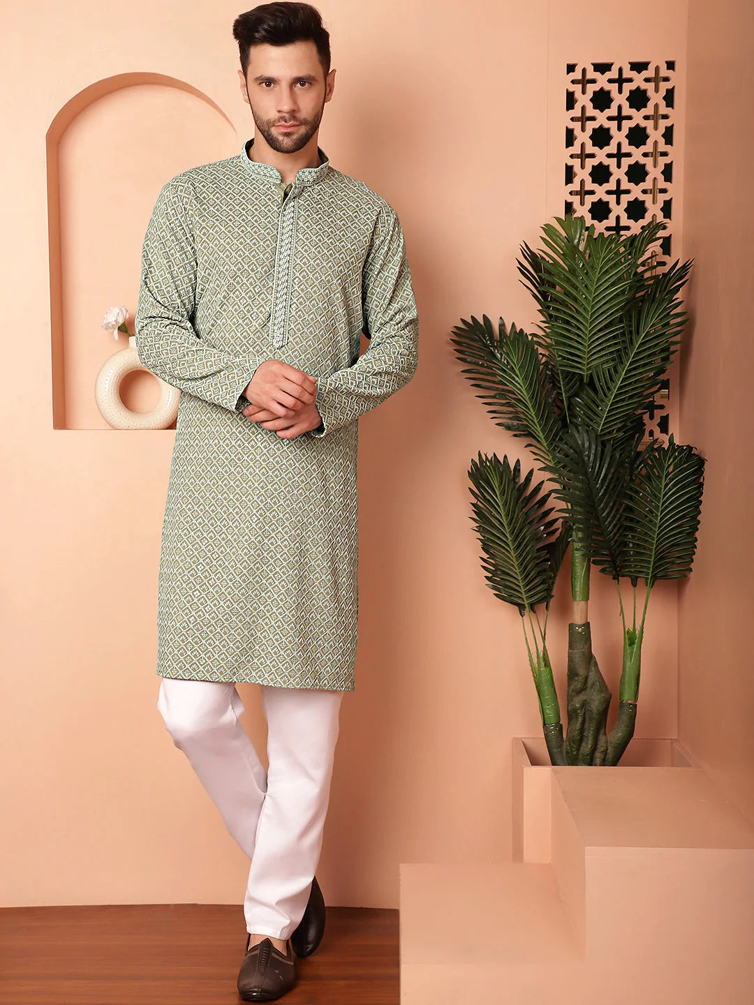Green Embroidered Men's Kurta - Indian Kurta for Men