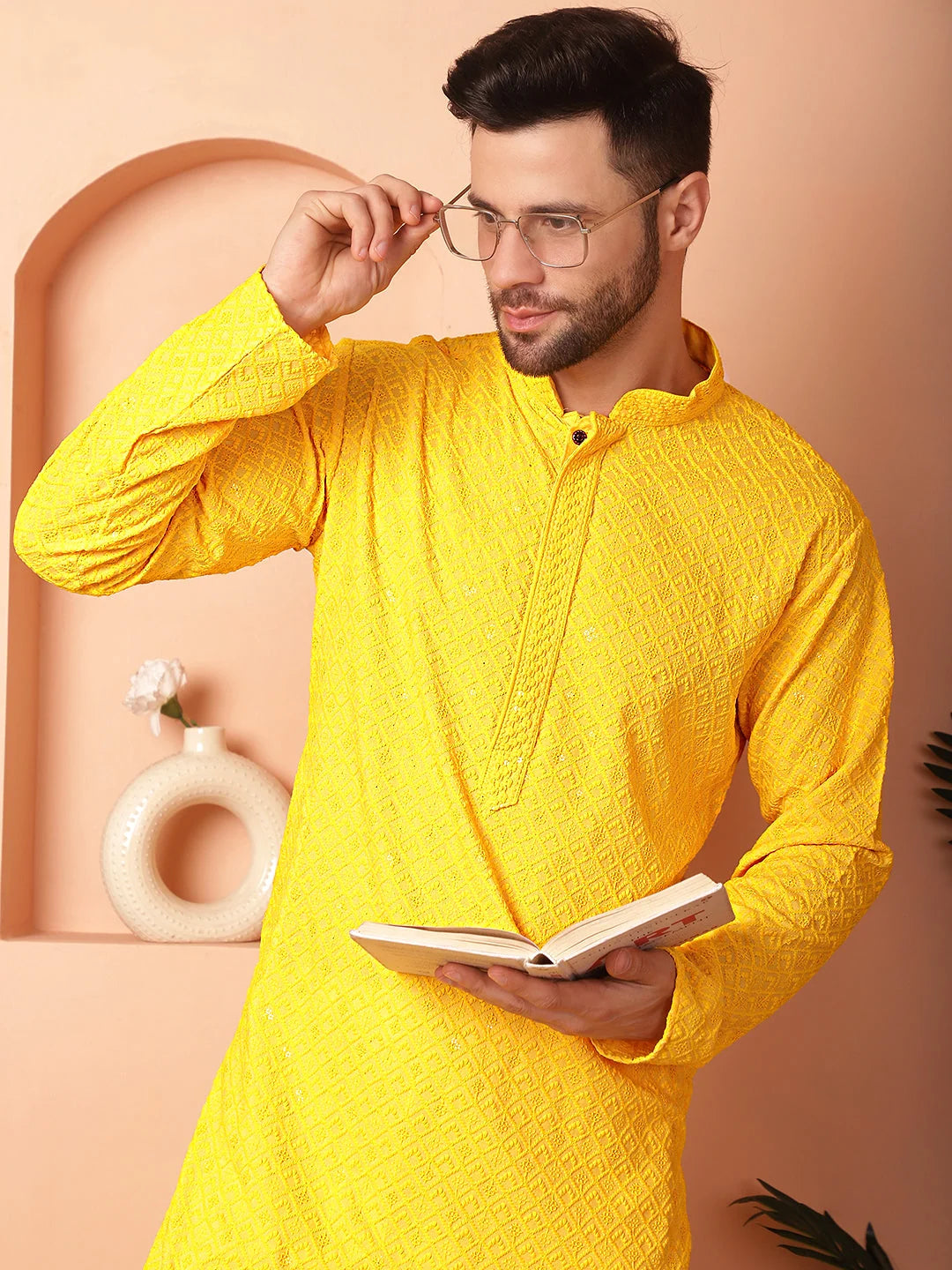 Yellow Embroidered Men's Kurta - Indian Kurta for Men