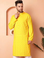 Men's Yellow Embroidered and Sequence Kurtas-KO-5052Yellow