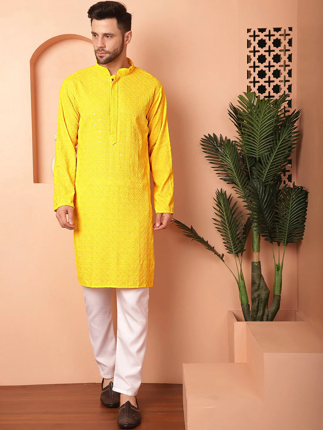Yellow Embroidered Men's Kurta - Indian Kurta for Men