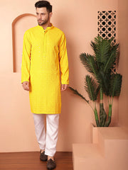 Men's Yellow Embroidered and Sequence Kurtas-KO-5052Yellow