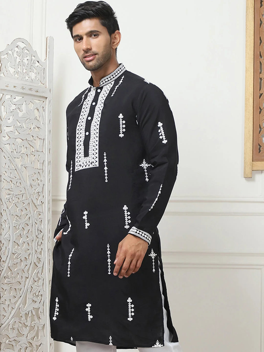 Trendy Black Embroidered Mens Kurta - Indian Kurta for Men