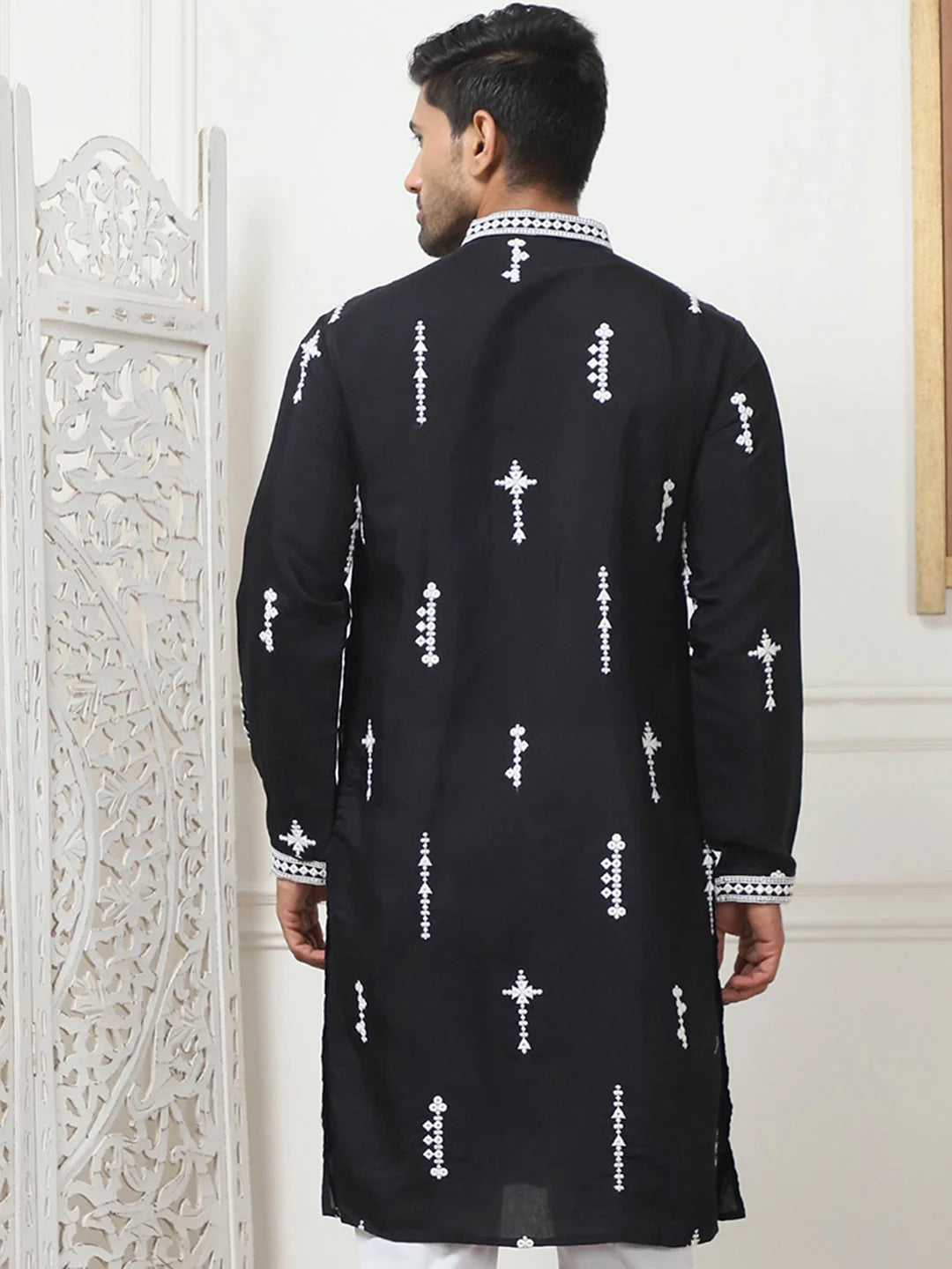 Trendy Black Embroidered Mens Kurta - Indian Kurta for Men