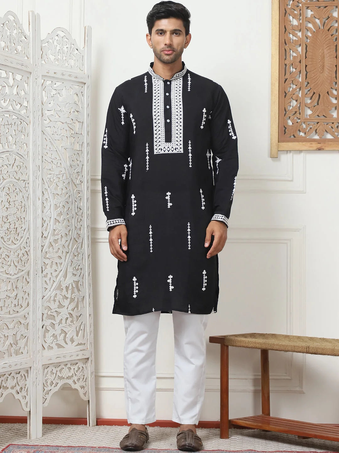 Trendy Black Embroidered Mens Kurta - Indian Kurta for Men