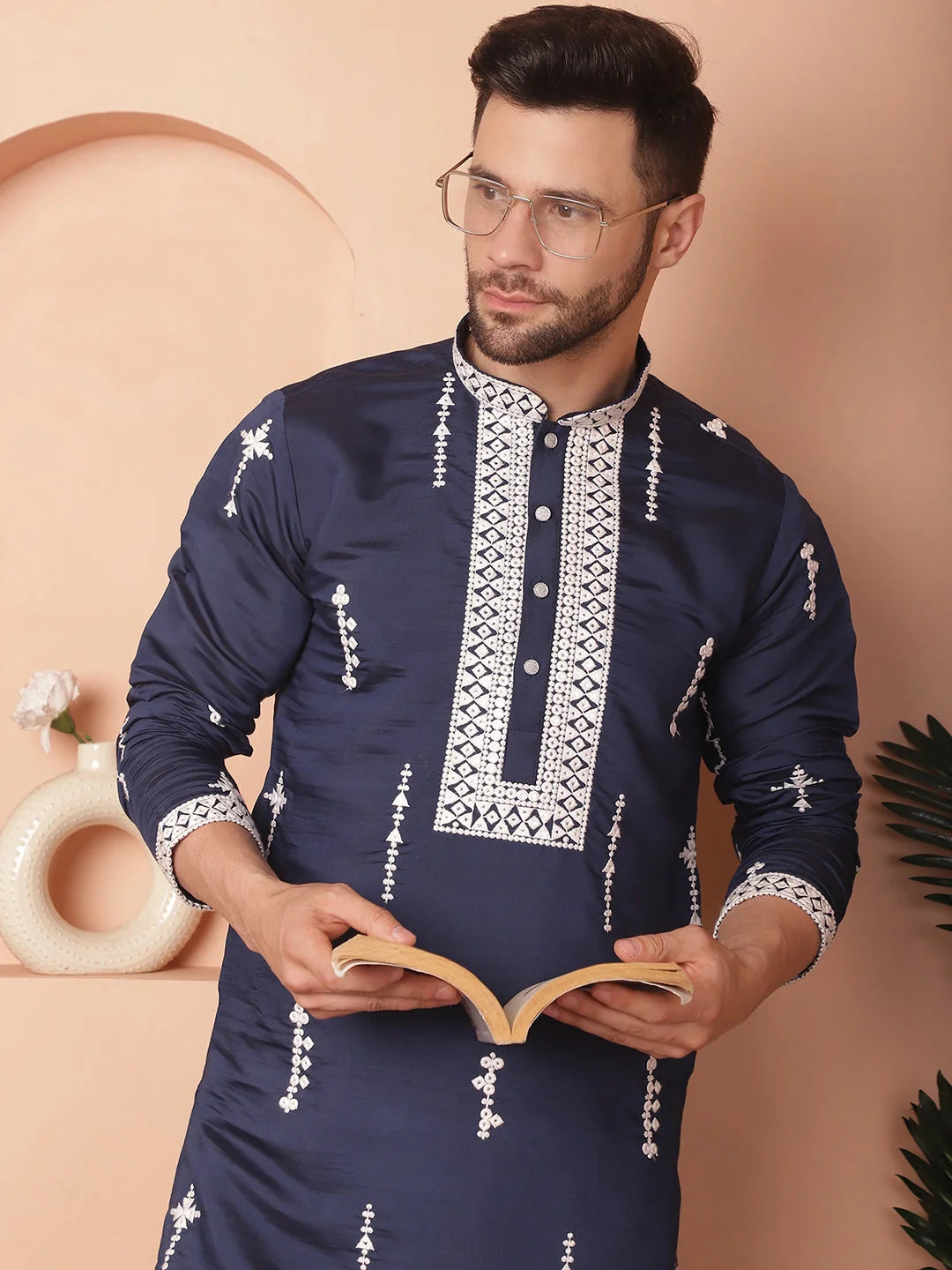 Men's Collar Chikankari Embroidered Kurtas-KO-5053Navy
