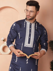 Men's Collar Chikankari Embroidered Kurtas-KO-5053Navy