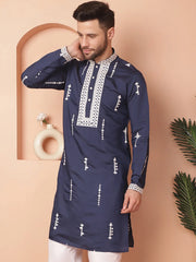 Men's Collar Chikankari Embroidered Kurtas-KO-5053Navy